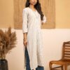 Hand woven Kala Cotton Off-White Staright Kurta with Indigo Kala Cotton Palazzo- Set of 2 - Image 6