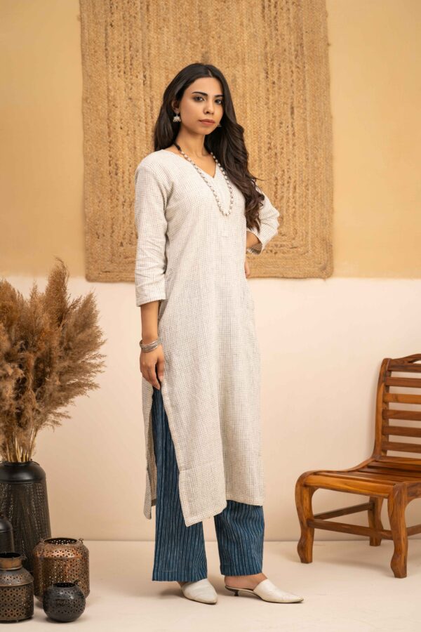 Hand woven Kala Cotton Off-White Staright Kurta with Indigo Kala Cotton Palazzo- Set of 2 - Image 6