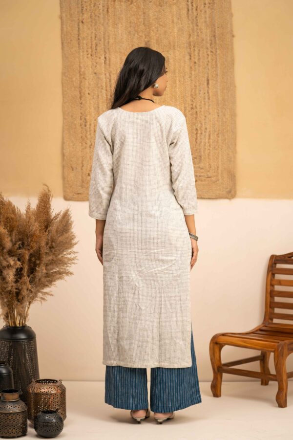 Hand woven Kala Cotton Off-White Staright Kurta with Indigo Kala Cotton Palazzo- Set of 2 - Image 5