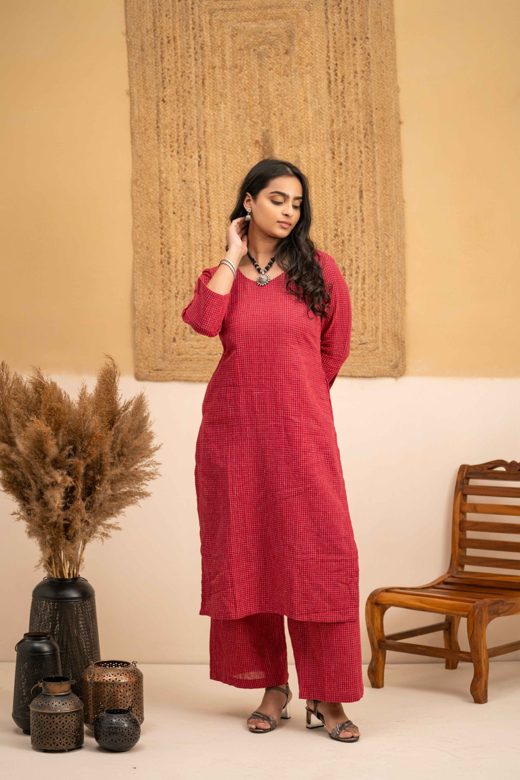 Hand woven Kala Cotton Magenta Round neck Kurta with Palazzo- Set of 2