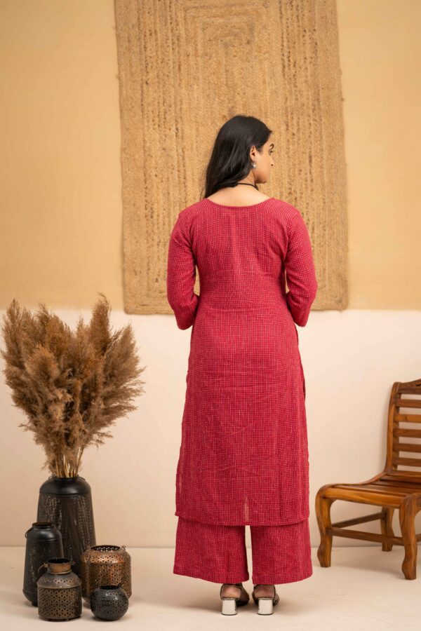Hand woven Kala Cotton Magenta Round neck Kurta with Palazzo- Set of 2 - Image 4