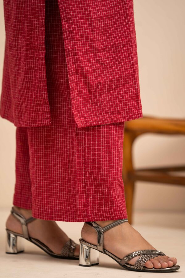 Hand woven Kala Cotton Magenta Round neck Kurta with Palazzo- Set of 2 - Image 2