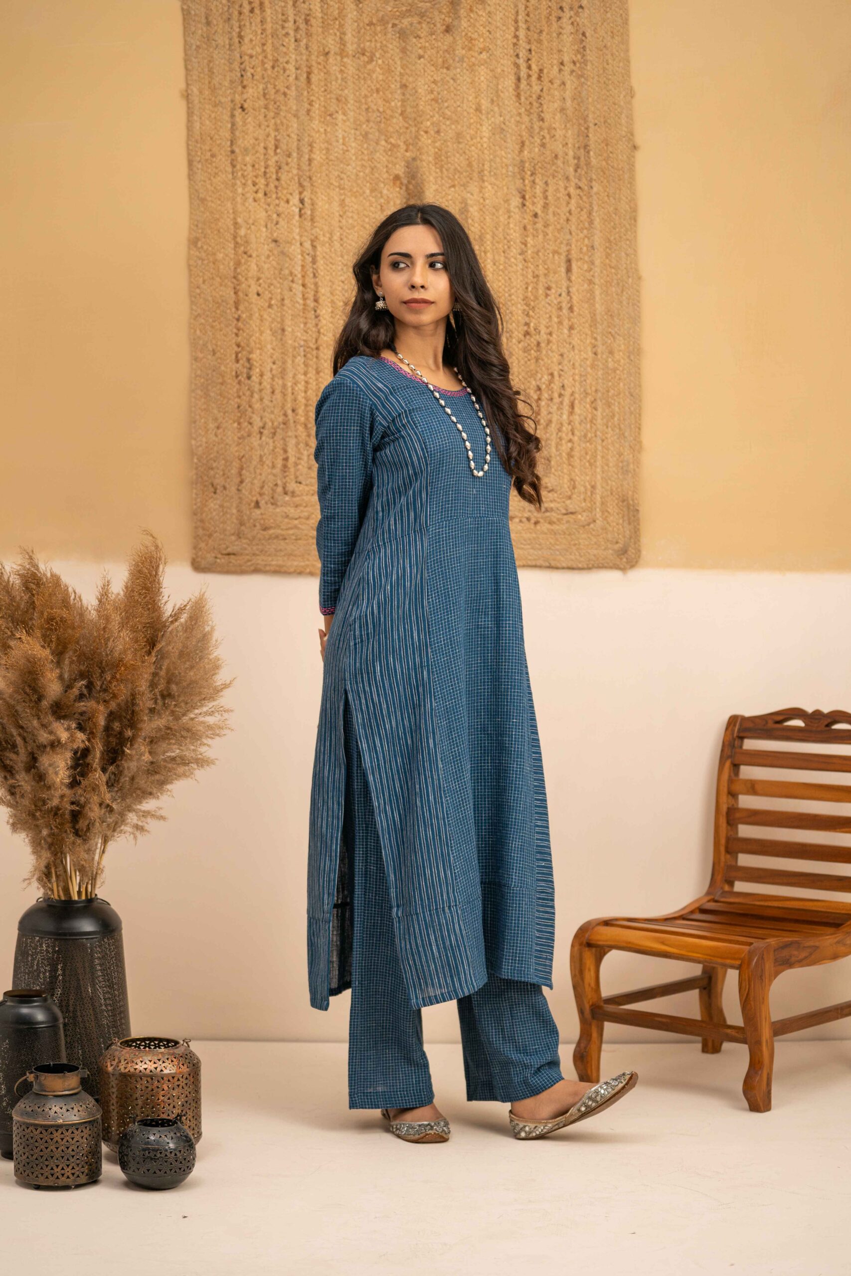 Hand woven Kala Cotton Indigo Round neck Kurta with Palazzo- Set of 2
