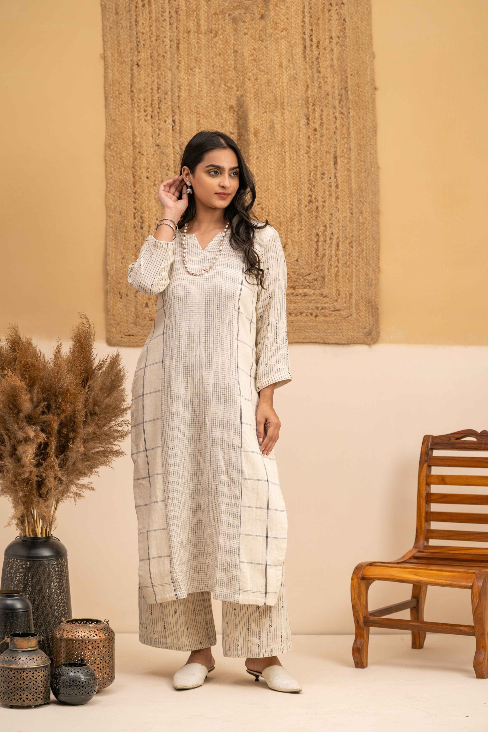 Hand woven Kala Cotton Off-White Straight Kurta with Palazzo- Set of 2