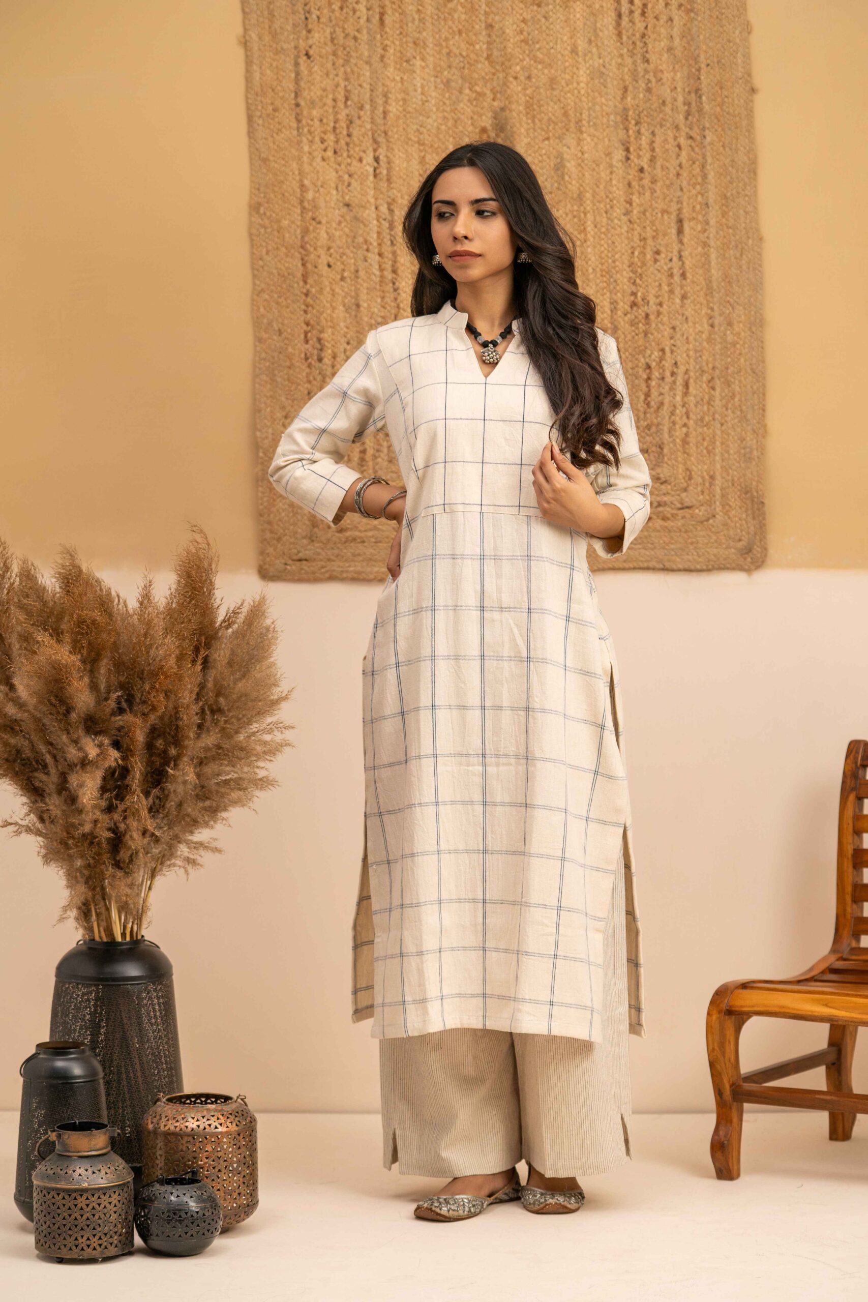Hand woven Kala Cotton Off-White Straight Kurta with Palazzo- Set of 2
