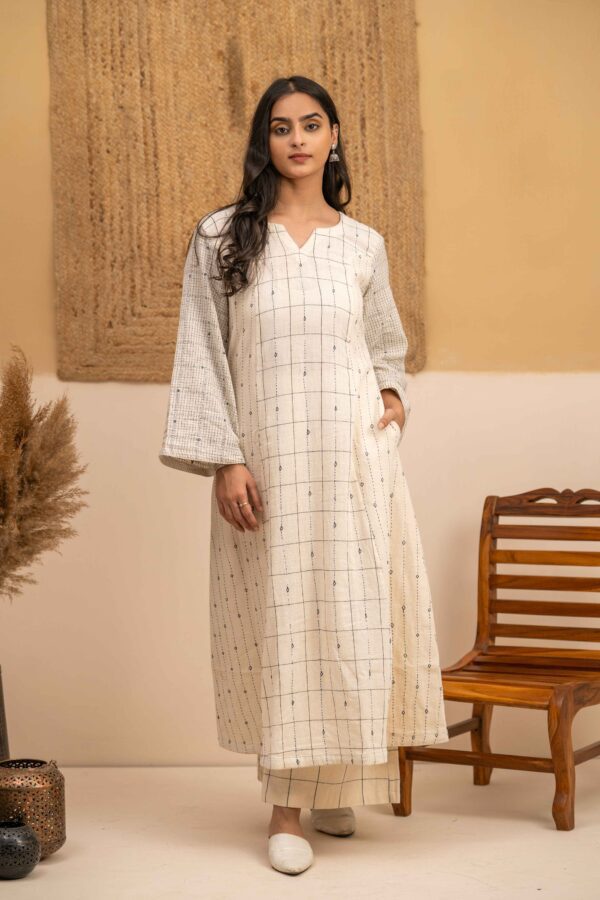 Hand woven Kala Cotton Off-White A-Line Kurta with Palazzo- Set of 2