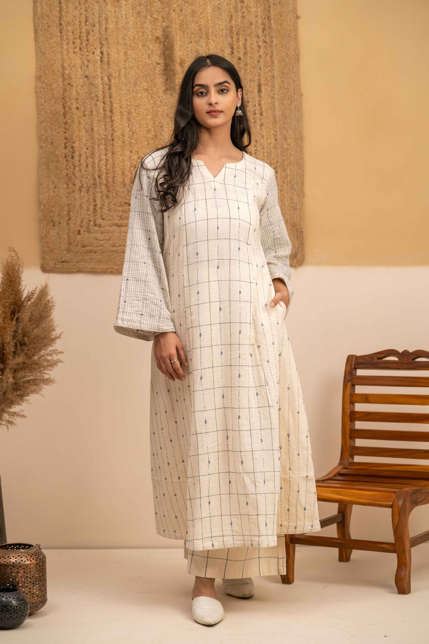 Hand woven Kala Cotton Off-White A-Line Kurta with Palazzo- Set of 2
