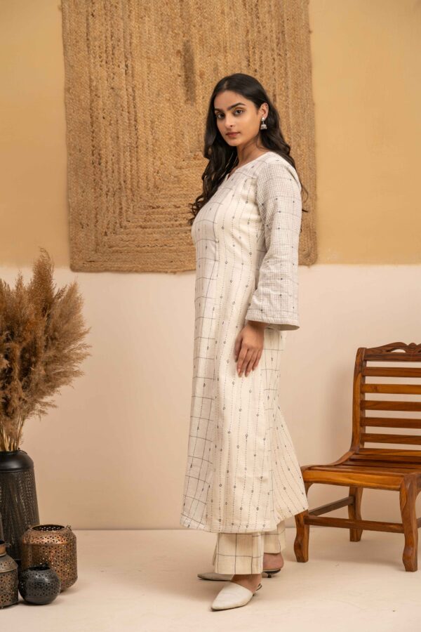Hand woven Kala Cotton Off-White A-Line Kurta with Palazzo- Set of 2 - Image 4