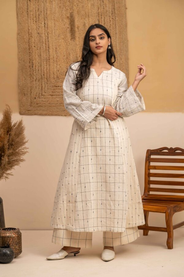 Hand woven Kala Cotton Off-White A-Line Kurta with Palazzo- Set of 2 - Image 5