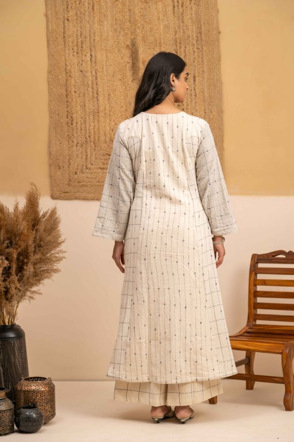 Hand woven Kala Cotton Off-White A-Line Kurta with Palazzo- Set of 2 - Image 6