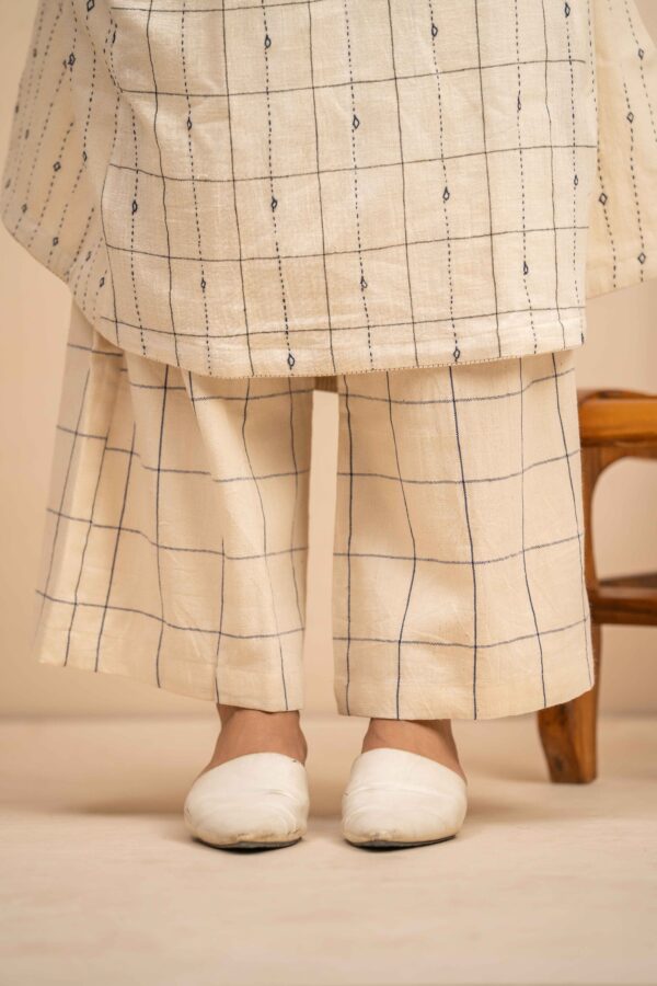 Hand woven Kala Cotton Off-White A-Line Kurta with Palazzo- Set of 2 - Image 7