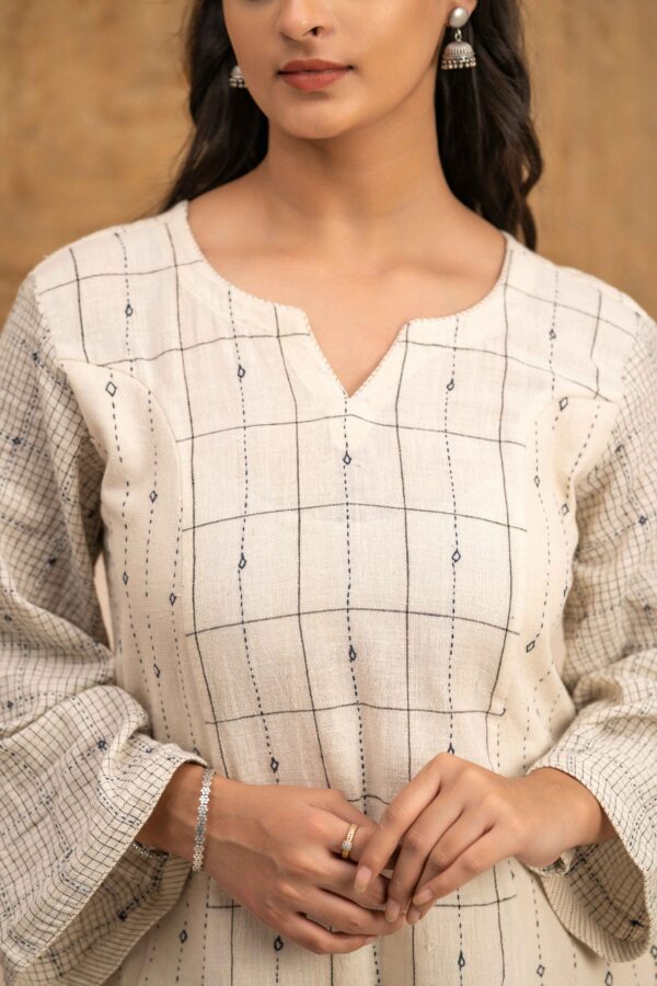 Hand woven Kala Cotton Off-White A-Line Kurta with Palazzo- Set of 2 - Image 2