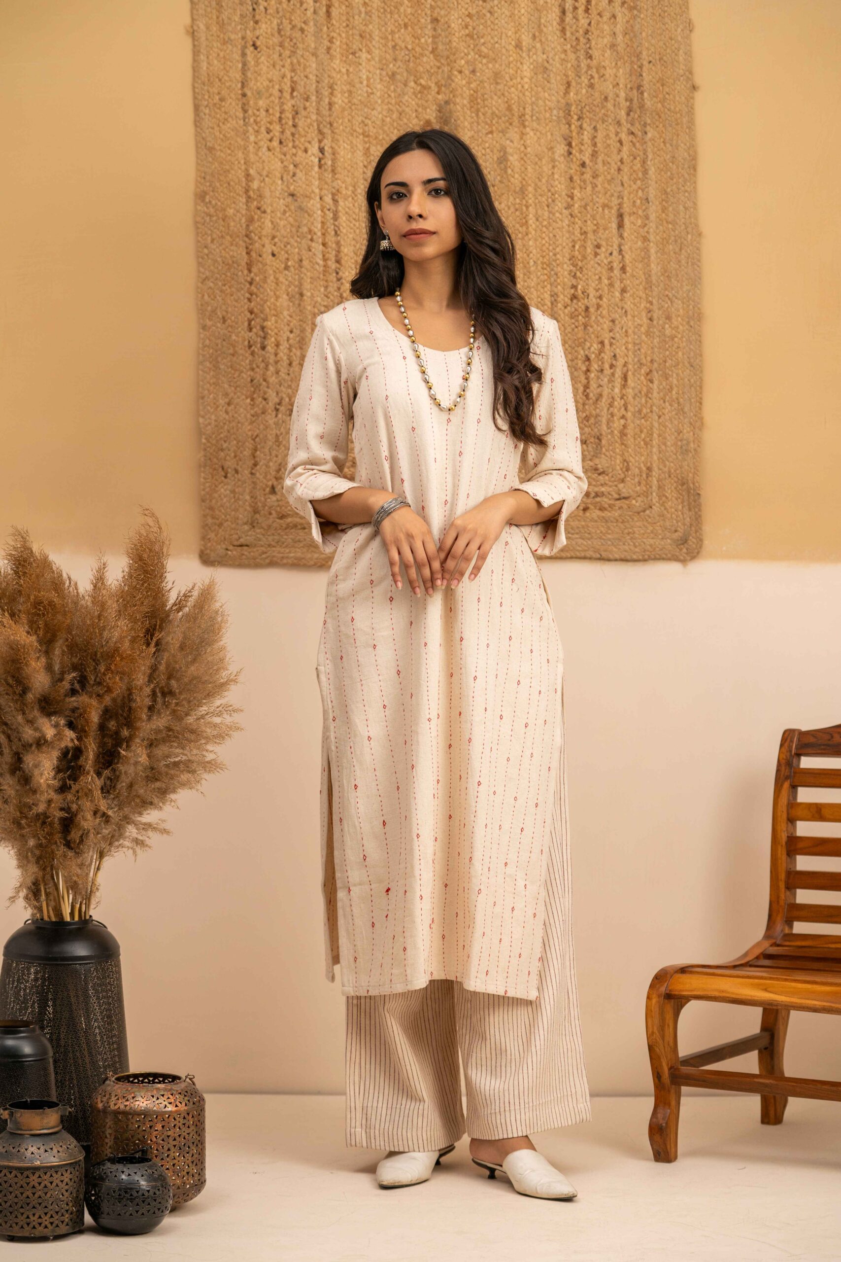 Rabari Hand work- Hand woven Kala Cotton Off-White Staright Kurta with Palazzo- Set of 2