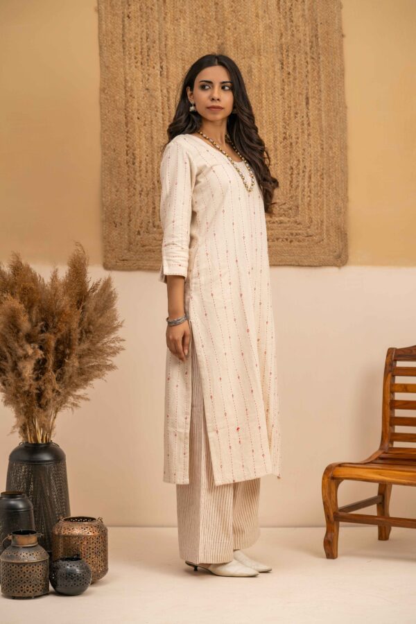 Rabari Hand work- Hand woven Kala Cotton Off-White Staright Kurta with Palazzo- Set of 2 - Image 2