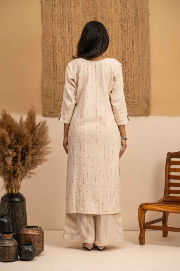 Rabari Hand work- Hand woven Kala Cotton Off-White Staright Kurta with Palazzo- Set of 2 - Image 7
