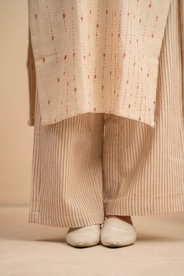 Rabari Hand work- Hand woven Kala Cotton Off-White Staright Kurta with Palazzo- Set of 2 - Image 6