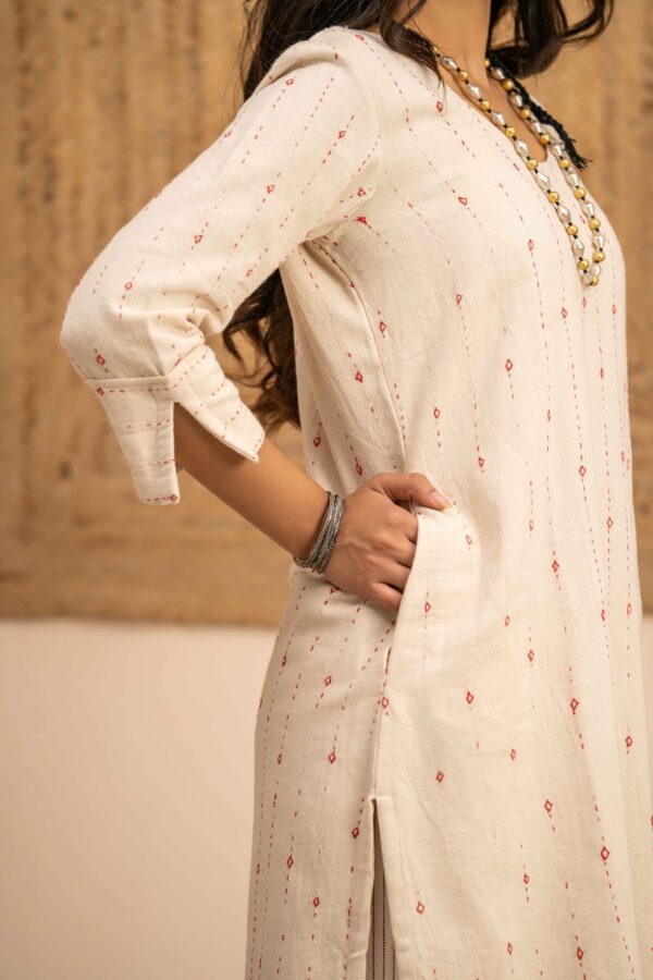 Rabari Hand work- Hand woven Kala Cotton Off-White Staright Kurta with Palazzo- Set of 2 - Image 4
