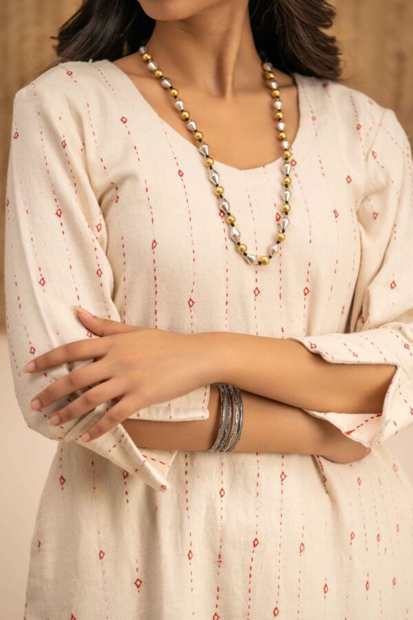 Rabari Hand work- Hand woven Kala Cotton Off-White Staright Kurta with Palazzo- Set of 2 - Image 3