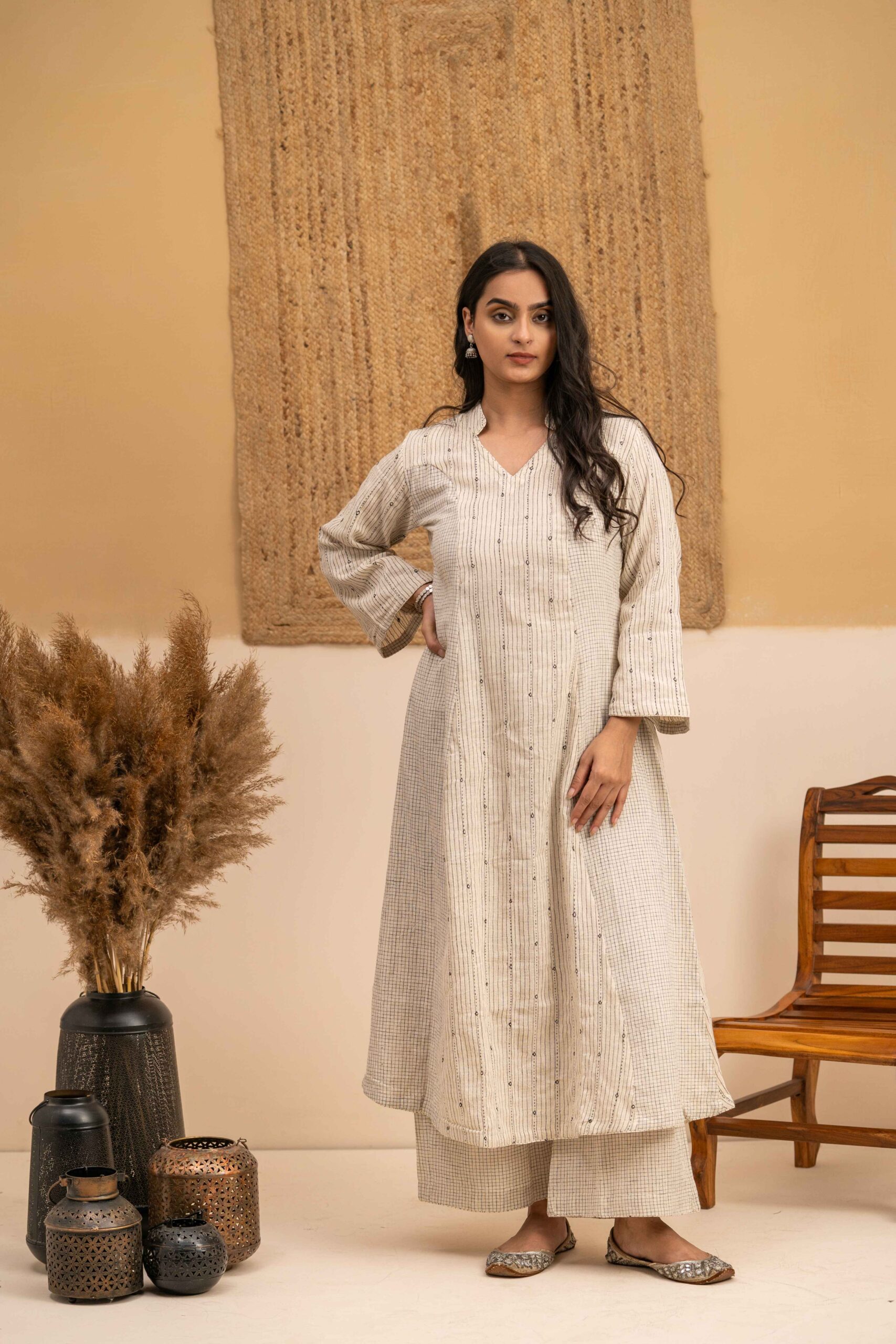 Hand woven Kala Cotton Off-White A-Line Kurta with Palazzo- Set of 2