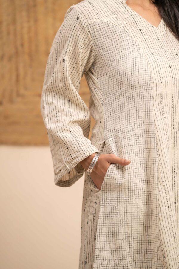 Hand woven Kala Cotton Off-White A-Line Kurta with Palazzo- Set of 2 - Image 9