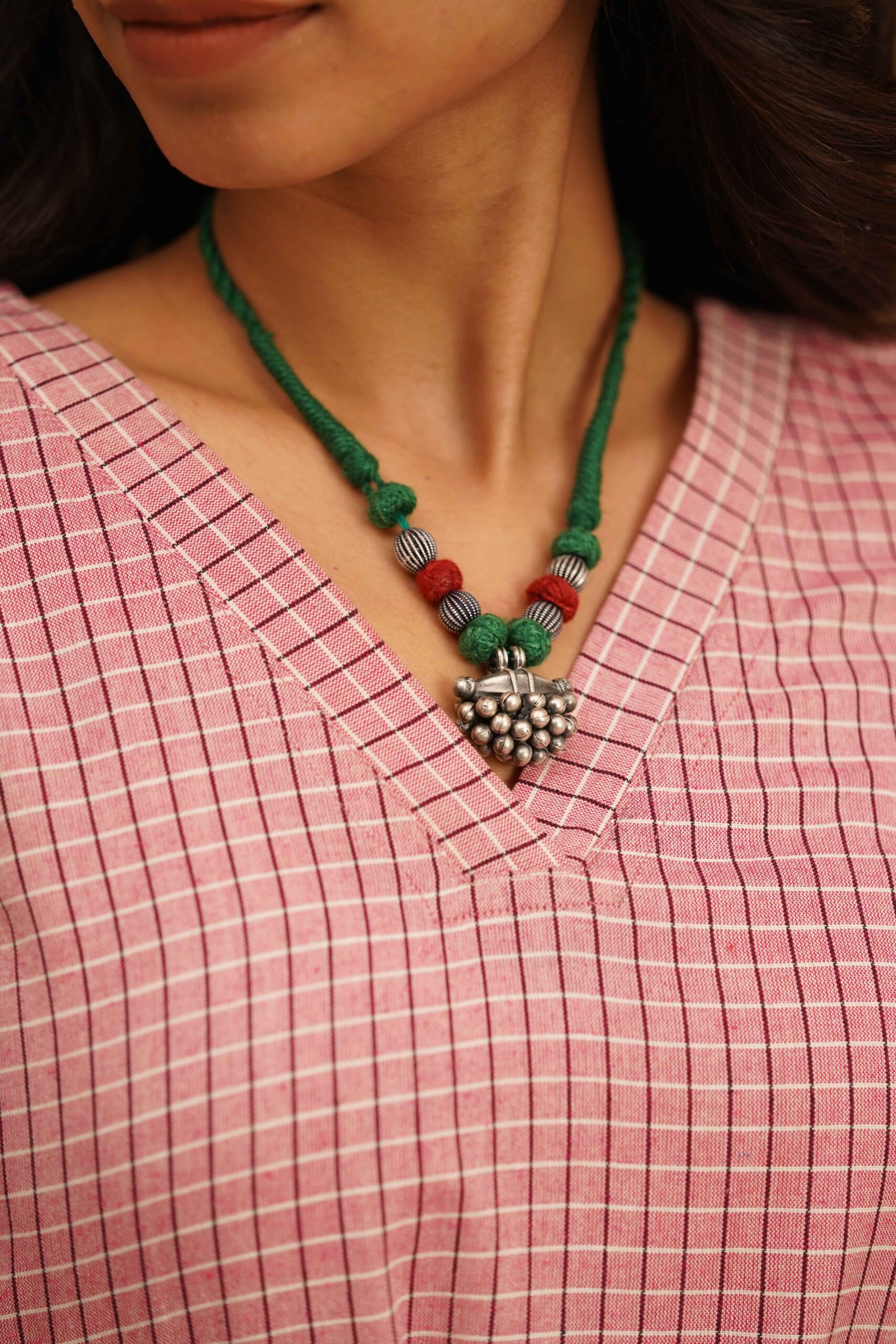 Silver Dhol Ghungroo pendant in Green thread