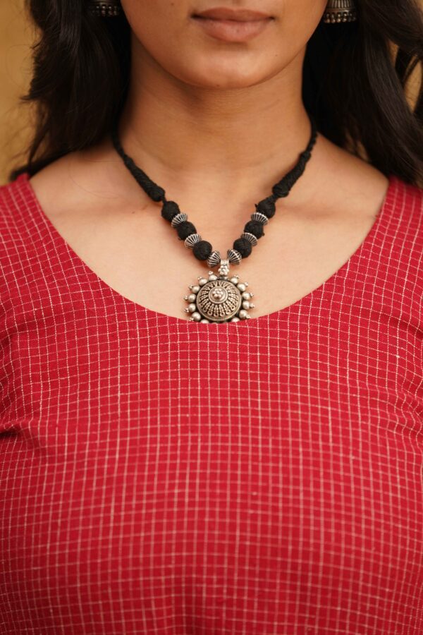 Silver Round Pendant in Black thread - Image 2