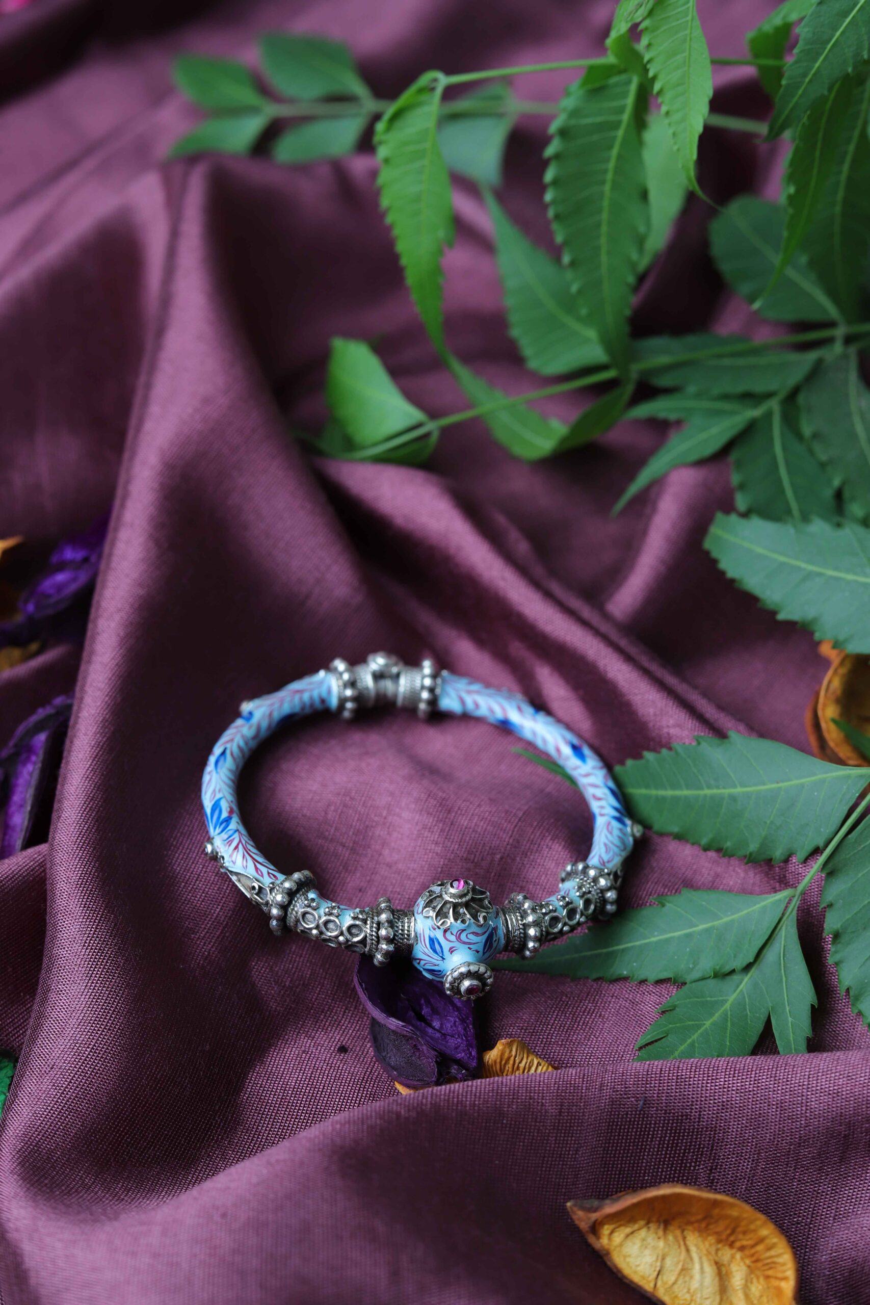 Silver Meenakari Work Kada- Size: 2.4 Openable in Sky Blue Color