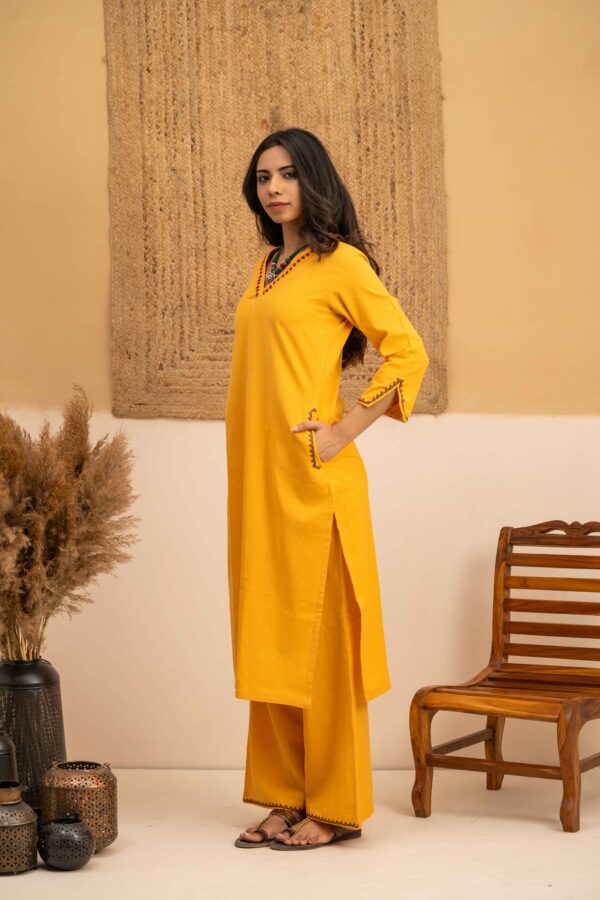 Hand embroidered Kurta and Palazzo set in Hand woven cotton - Image 3