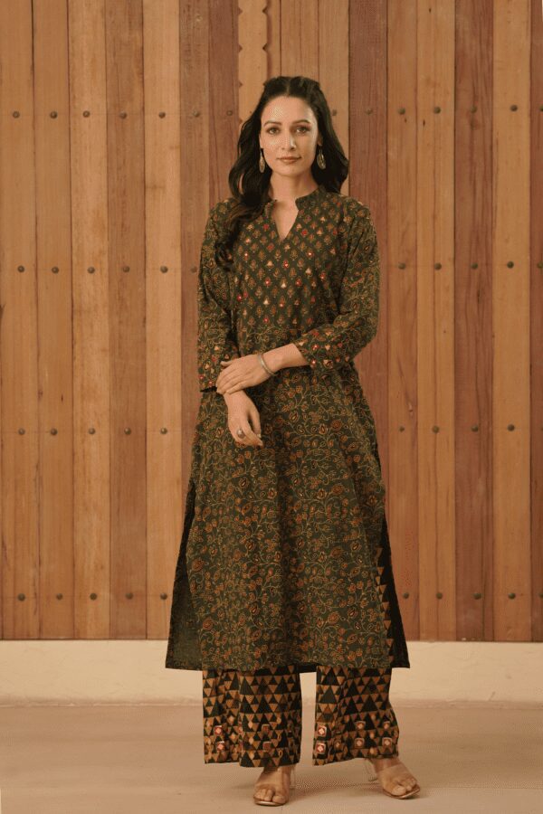 Green Ajrakh Flare Kurta with side slits and mirror & thread hand embroidery in cotton fabric