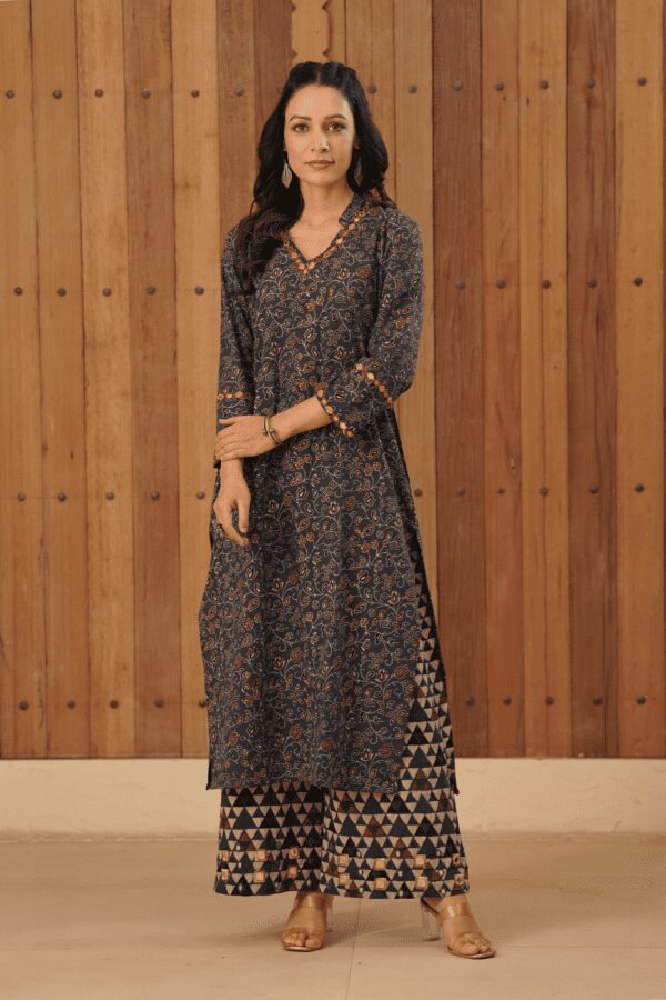 Indigo Blue Ajrakh Straight Kurta with mirror & thread hand embroidery in cotton fabric