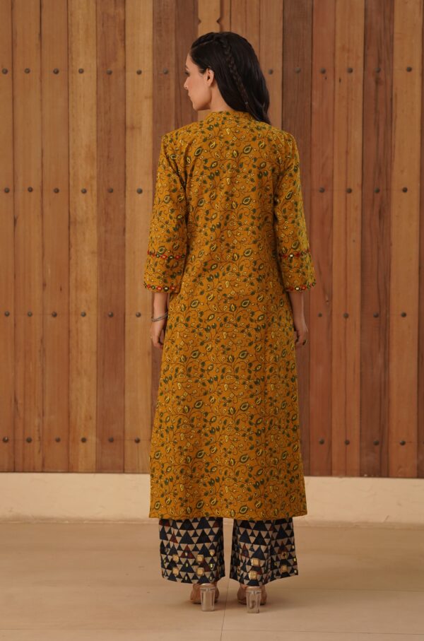 Mustard - Yellow Ajrakh Flare Kurta with side slits and mirror & thread hand embroidery in cotton fabric - Image 3
