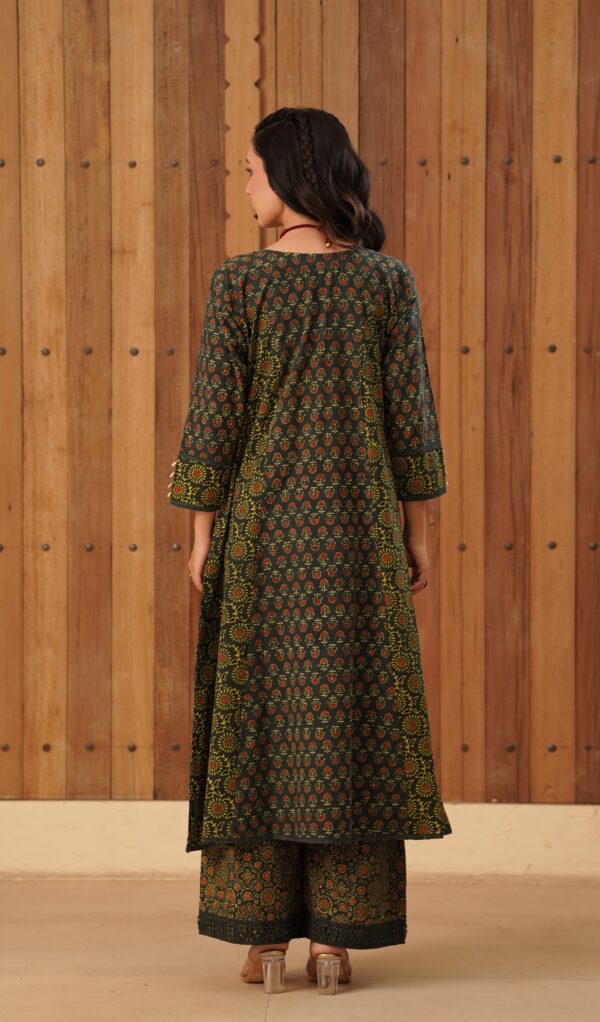 Green Ajrakh A-Line Kurta with Cowrie shells and crochet cotton lace detailing in Cotton Fabric - Image 5