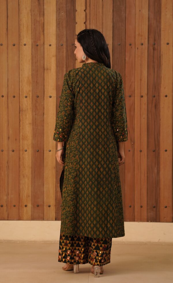 Green Ajrakh Flare Kurta with side slits and mirror & thread hand embroidery in cotton fabric - Image 11