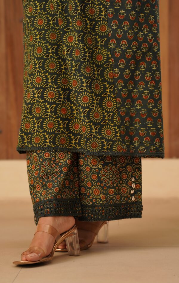 Green Ajrakh A-Line Kurta with Cowrie shells and crochet cotton lace detailing in Cotton Fabric - Image 6
