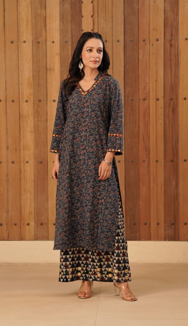 Indigo Blue Ajrakh Straight Kurta with mirror & thread hand embroidery in cotton fabric - Image 3