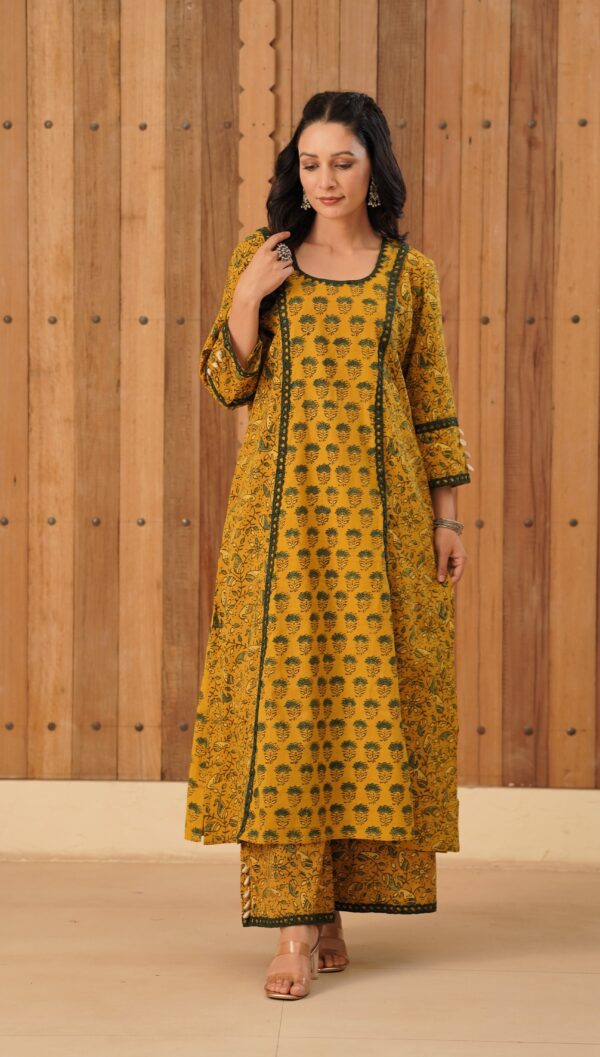 Mustard Yellow Ajrakh A-Line Kurta with cowrie shells and crochet lace detailing in cotton fabric - Image 2