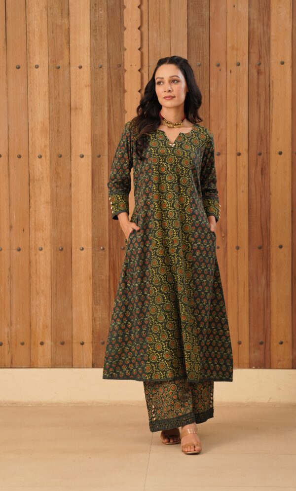 Green Ajrakh A-Line Kurta with Cowrie shells and crochet cotton lace detailing in Cotton Fabric - Image 7