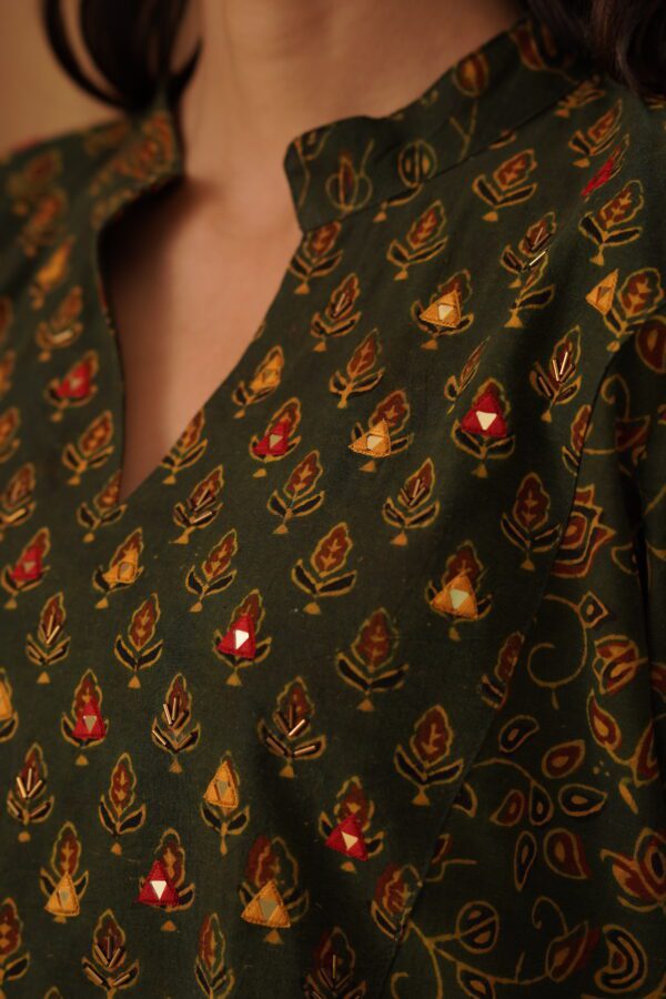 Green Ajrakh Flare Kurta with side slits and mirror & thread hand embroidery in cotton fabric - Image 3
