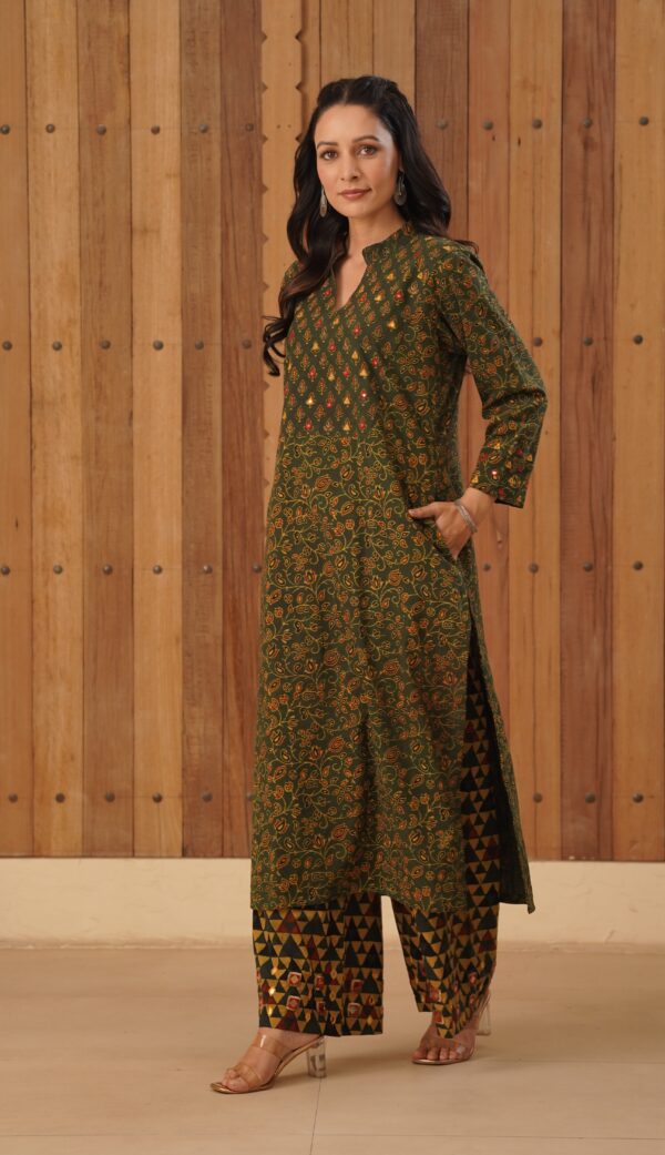 Green Ajrakh Flare Kurta with side slits and mirror & thread hand embroidery in cotton fabric - Image 4