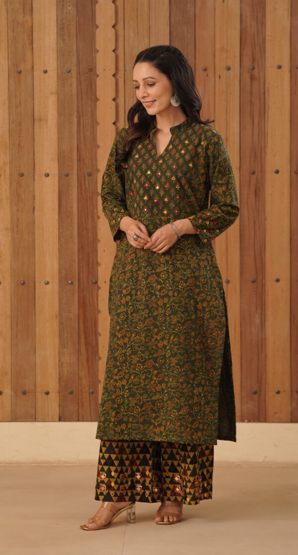 Green Ajrakh Flare Kurta with side slits and mirror & thread hand embroidery in cotton fabric - Image 5