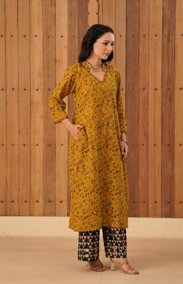 Mustard - Yellow Ajrakh Flare Kurta with side slits and mirror & thread hand embroidery in cotton fabric - Image 6