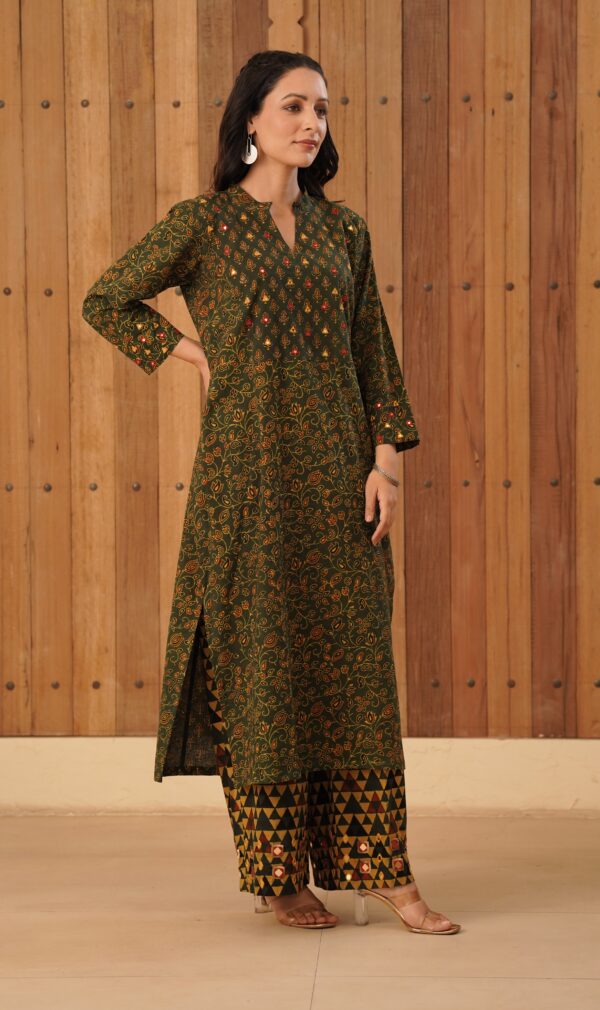 Green Ajrakh Flare Kurta with side slits and mirror & thread hand embroidery in cotton fabric - Image 6