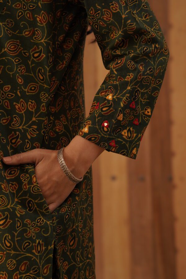 Green Ajrakh Flare Kurta with side slits and mirror & thread hand embroidery in cotton fabric - Image 7