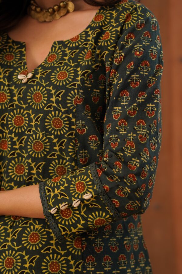 Green Ajrakh A-Line Kurta with Cowrie shells and crochet cotton lace detailing in Cotton Fabric - Image 4
