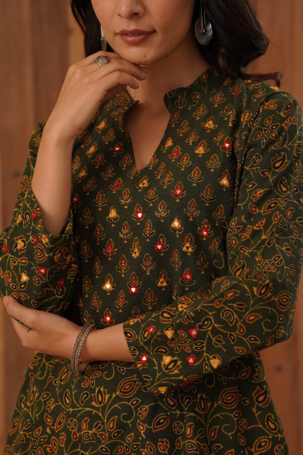 Green Ajrakh Flare Kurta with side slits and mirror & thread hand embroidery in cotton fabric - Image 10