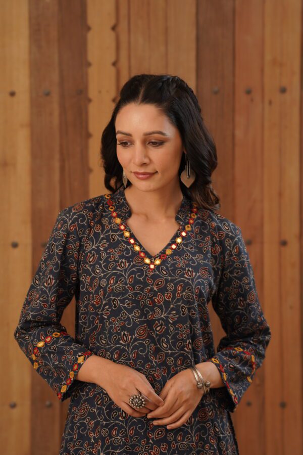 Indigo Blue Ajrakh Straight Kurta with mirror & thread hand embroidery in cotton fabric - Image 7