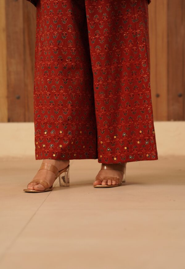 Maroon Ajrakh Palazzo with mirror & thread hand embroidery in Cotton Fabric - Image 2