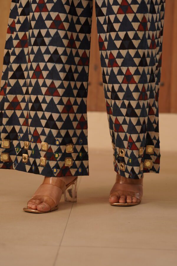 Indigo Blue Ajrakh Palazzo with mirror & thread hand embroidery in cotton fabric - Image 3