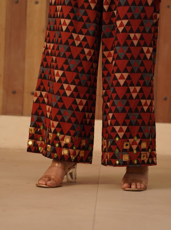 Maroon Ajrakh Palazzo with mirror & thread hand embroidery in Cotton Fabric - Image 2