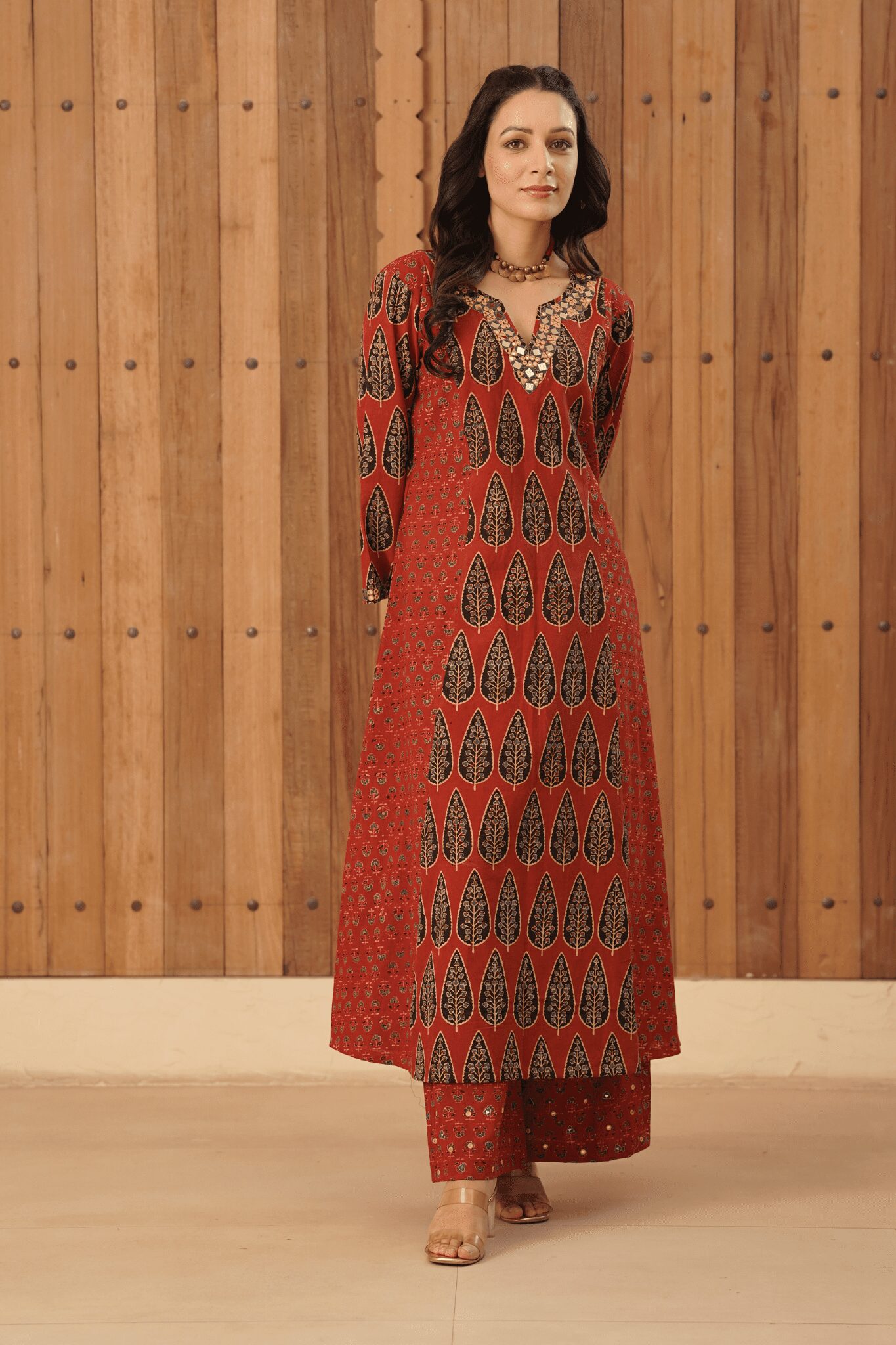 Maroon Ajrakh Palazzo with mirror & thread hand embroidery in Cotton Fabric